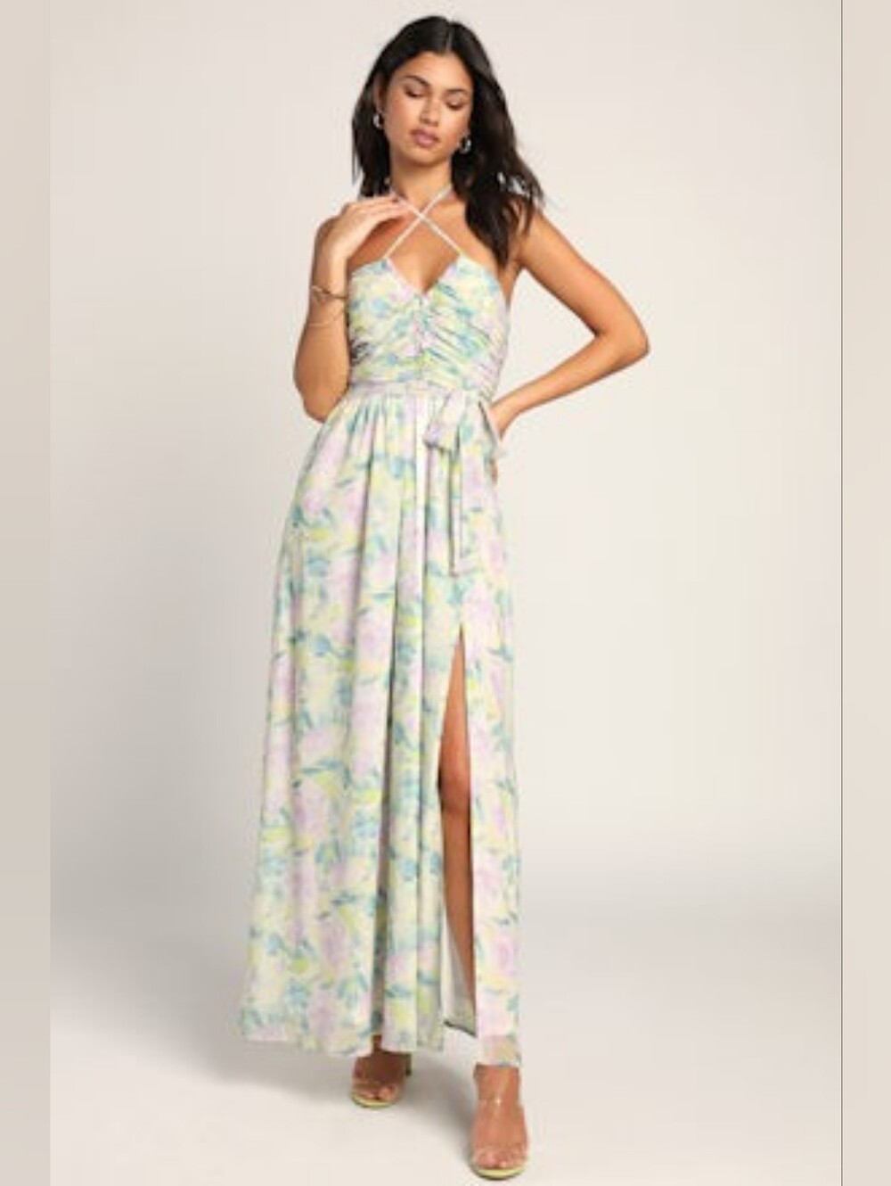 Lulu's Pastel Blue and Pale Green Floral Halter Maxi Dress